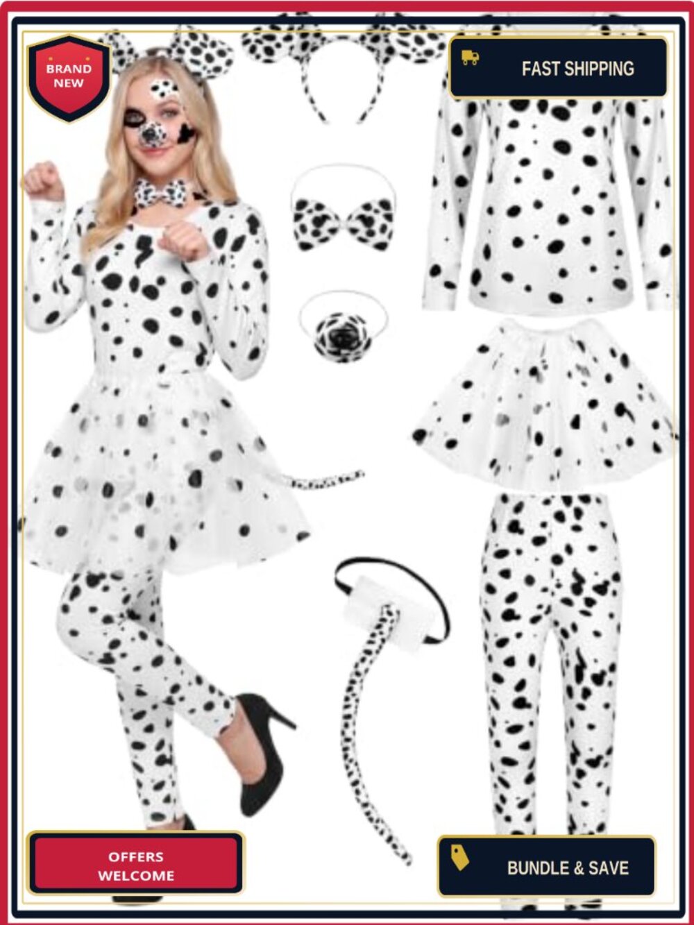 8-Piece Women's Dalmatian Dog Costume Set Long Sleeve Tee Pants Tutu Tail for